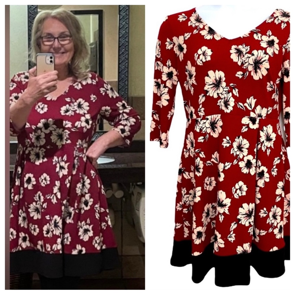 Dress Red Black 3/4 Sleeve V-Neck scoop Wrinkle Free Resistant 1X